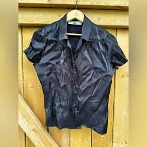 VINTAGE Black Short Sleeve Button-Up Shirt 1990s Y2K Grunge Retro Preppy  Top🐈‍⬛